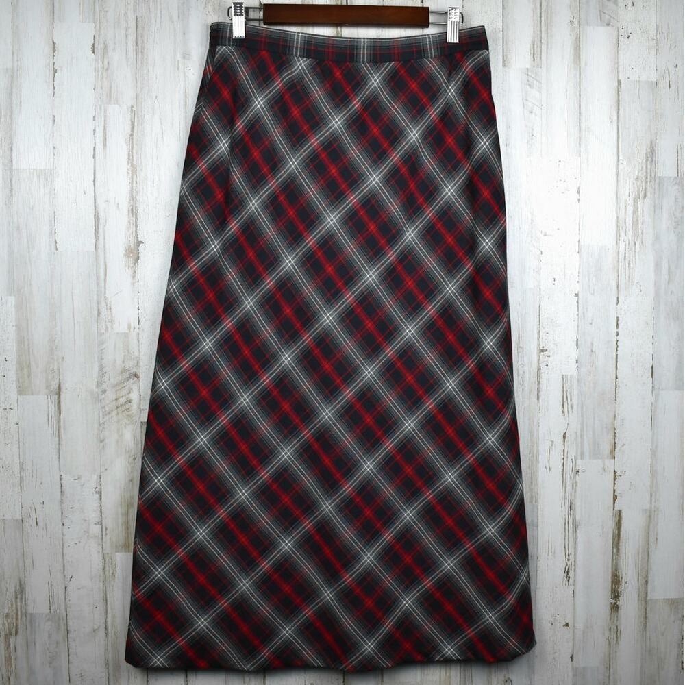Vintage Plaid Maxi Skirt Womens 12 L A-Line Black Red Gray Dark Academia Grunge